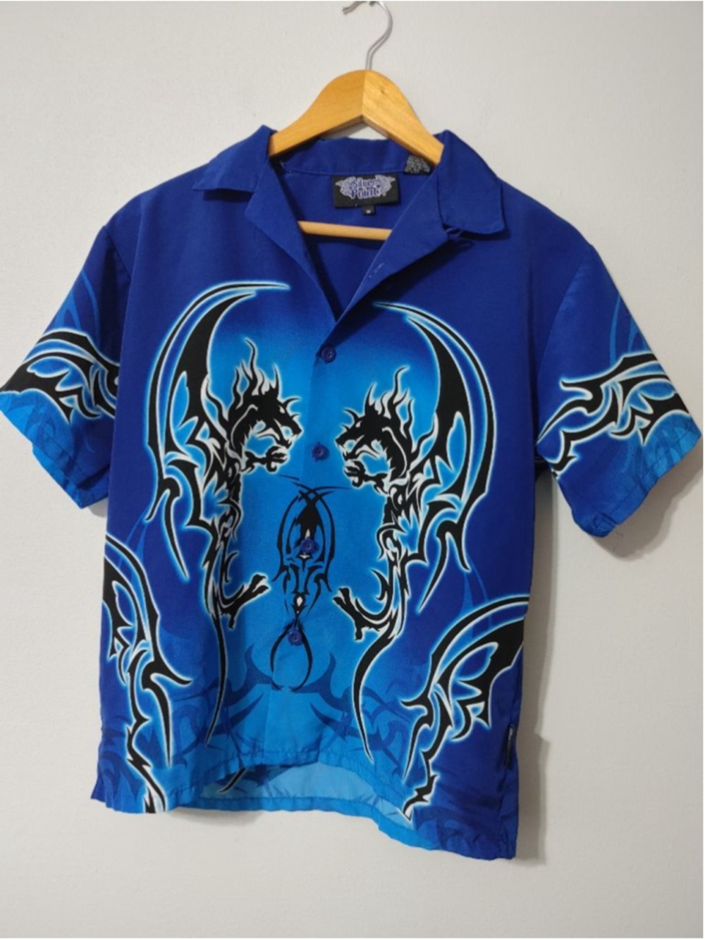 Men's Silver Point Blue & Black Dragon Print Casual Button Down Shirt M